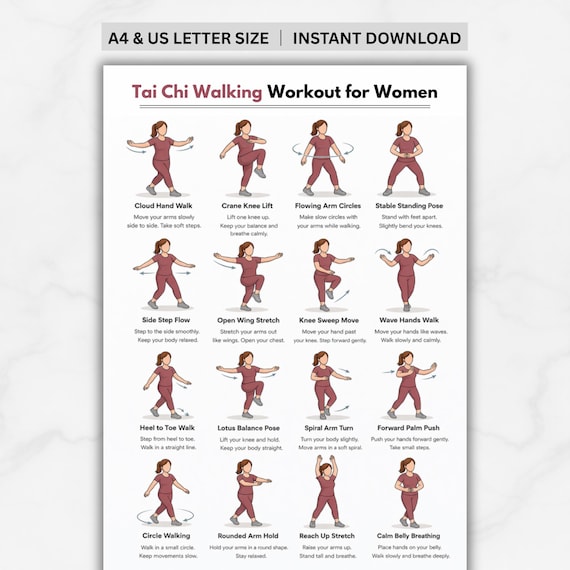 Tai Chi Walking Workout for Women Printable, Tai Chi Walking Chart, Walking Tai Chi for Seniors and Beginners, Balance Exercises for Seniors