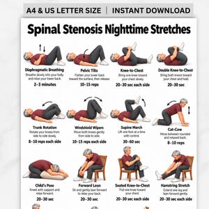May include: A white informational chart titled Spinal Stenosis Nighttime Stretches featuring twelve illustrations of a person in a maroon shirt and grey trousers performing various exercises with text instructions and repetition counts for each movement.