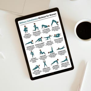 May include: A black tablet displays a workout routine titled "Military Calisthenics Workout for Women." The routine includes exercises like air squats, reverse lunges, and pike push-ups. A laptop, a cup of coffee, and a pen are also visible.