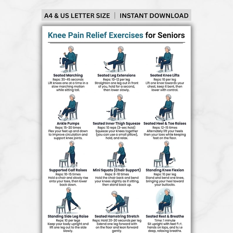 May include: A printable guide titled "Knee Pain Relief Exercises for Seniors" with illustrations of various seated exercises. The exercises include marching, leg extensions, knee lifts, ankle pumps, inner thigh squeezes, heel and toe raises, calf raises, mini squats, and more.