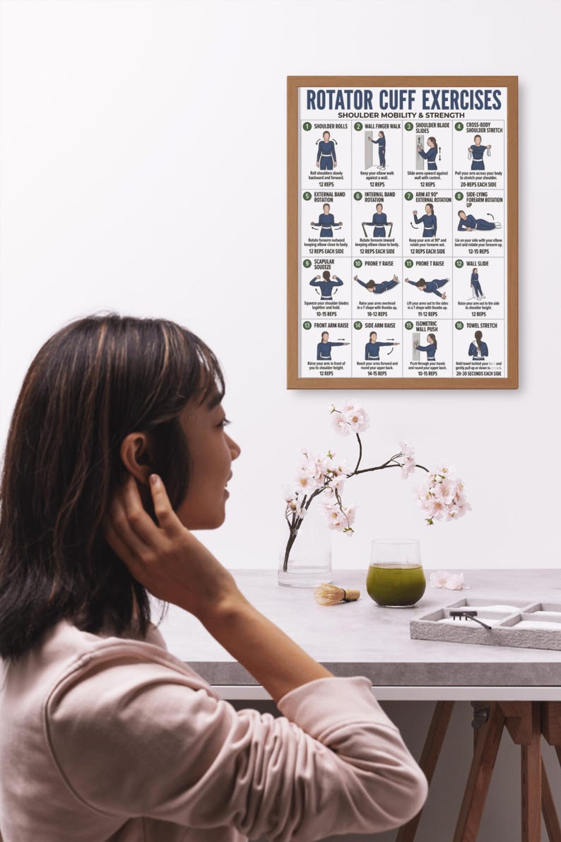 May include: A framed poster titled "Rotator Cuff Exercises" with illustrations of shoulder mobility and strength exercises. A woman is seen in the foreground, with a glass of green liquid and flowers on a table.