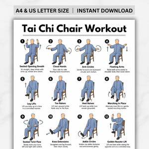 May include: A white poster with the text "Tai Chi Chair Workout" and illustrations of exercises. The poster includes instructions for each exercise, such as "Seated Opening Breath" and "Knee Extensions."