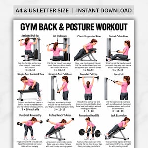 May include: A digital gym back and posture workout poster featuring twelve illustrated exercises with instructions. The text includes titles like Assisted Pull-Up, Lat Pulldown, and Romanian Deadlift, with A4 and US letter size indicated.