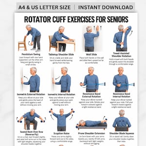 May include: A digital instructional chart titled Rotator Cuff Exercises for Seniors, featuring twelve illustrations of a person in a blue long-sleeve shirt demonstrating physical therapy movements with text instructions for A4 and US letter size.
