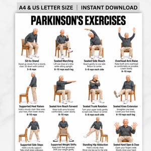 May include: A digital chart titled PARKINSON'S EXERCISES featuring twelve illustrations of a person in a grey shirt and khaki pants performing various physical movements using a wooden chair, with text instructions for each exercise.
