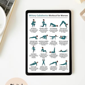 May include: Digital download of a workout chart titled "Military Calisthenics Workout for Women." The chart displays illustrated exercises like air squats, reverse lunges, and push-ups, with rep and time suggestions. The image is on a tablet.