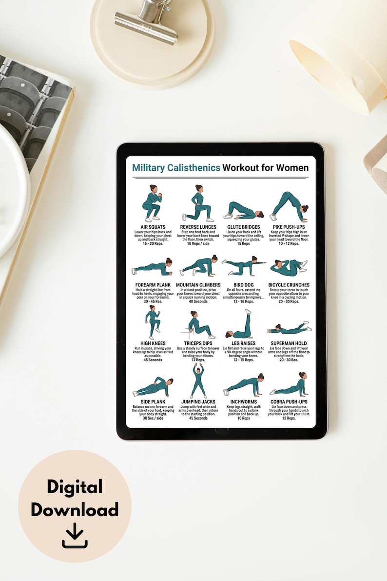 May include: Digital download of a workout chart titled "Military Calisthenics Workout for Women." The chart displays illustrated exercises like air squats, reverse lunges, and push-ups, with rep and time suggestions. The image is on a tablet.