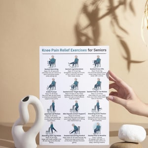 May include: A poster titled "Knee Pain Relief Exercises for Seniors" is held by a hand. The poster displays illustrated exercises, including seated marching, leg extensions, and knee lifts. A white ceramic vase and a stone are in the foreground.