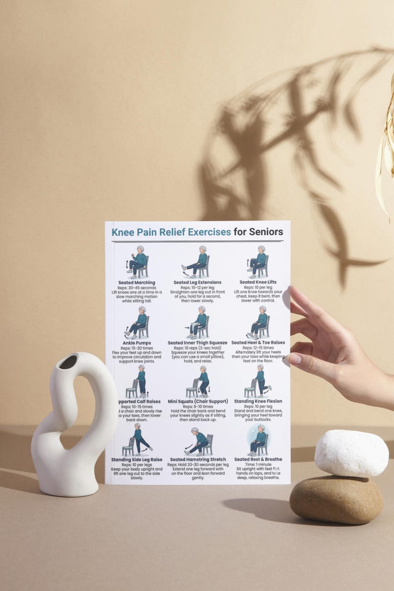 May include: A poster titled "Knee Pain Relief Exercises for Seniors" is held by a hand. The poster displays illustrated exercises, including seated marching, leg extensions, and knee lifts. A white ceramic vase and a stone are in the foreground.