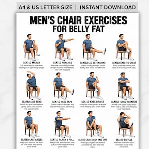 May include: A digital chart titled Men's Chair Exercises for Belly Fat featuring twelve illustrations of a person in a blue t-shirt and black shorts performing various seated exercises on a wooden chair with instructional text for each movement.