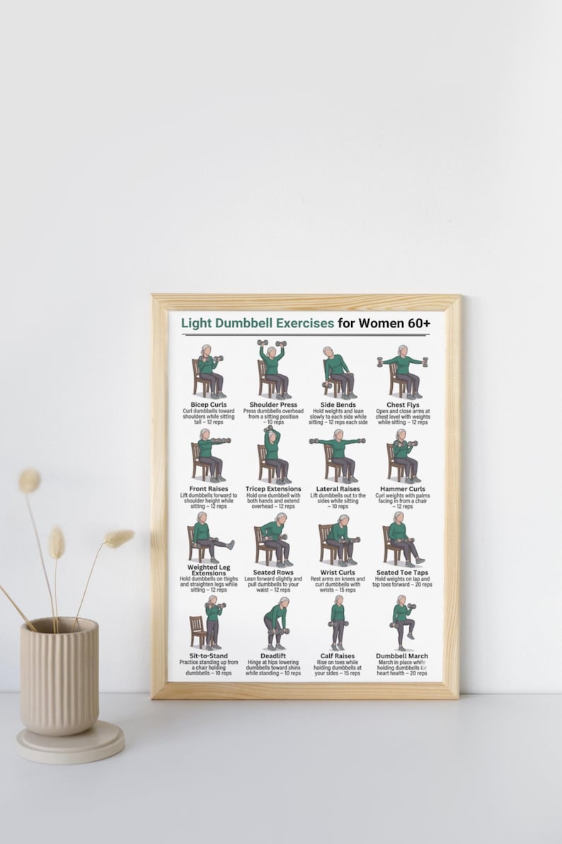 May include: A framed print titled "Light Dumbbell Exercises for Women 60+". The print displays illustrated exercises, including bicep curls, shoulder press, and calf raises. The exercises are demonstrated by figures in green clothing. The frame is a light brown color.