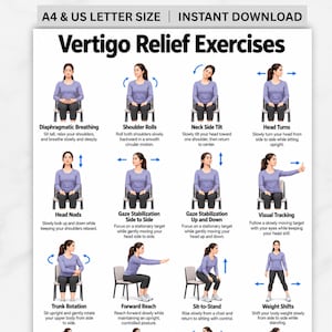 Può includere: Un foglio informativo bianco intitolato Vertigo Relief Exercises con dodici illustrazioni di una persona in maglia viola a maniche lunghe e pantaloni scuri che esegue movimenti su una sedia, con istruzioni testuali per ogni esercizio.