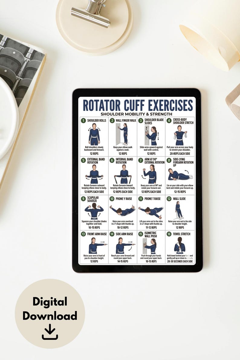 May include: A digital download featuring a black tablet displaying a guide to rotator cuff exercises. The guide includes illustrations and instructions for various shoulder mobility and strength exercises. The tablet is on a white surface.