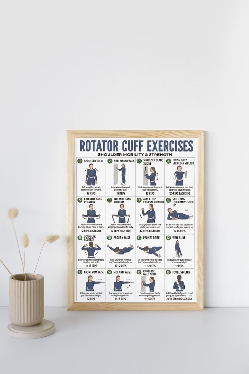 May include: A framed print displaying a guide to rotator cuff exercises. The poster features illustrations demonstrating various exercises, including shoulder rolls, wall finger walks, and stretches. The text includes exercise names and rep counts.