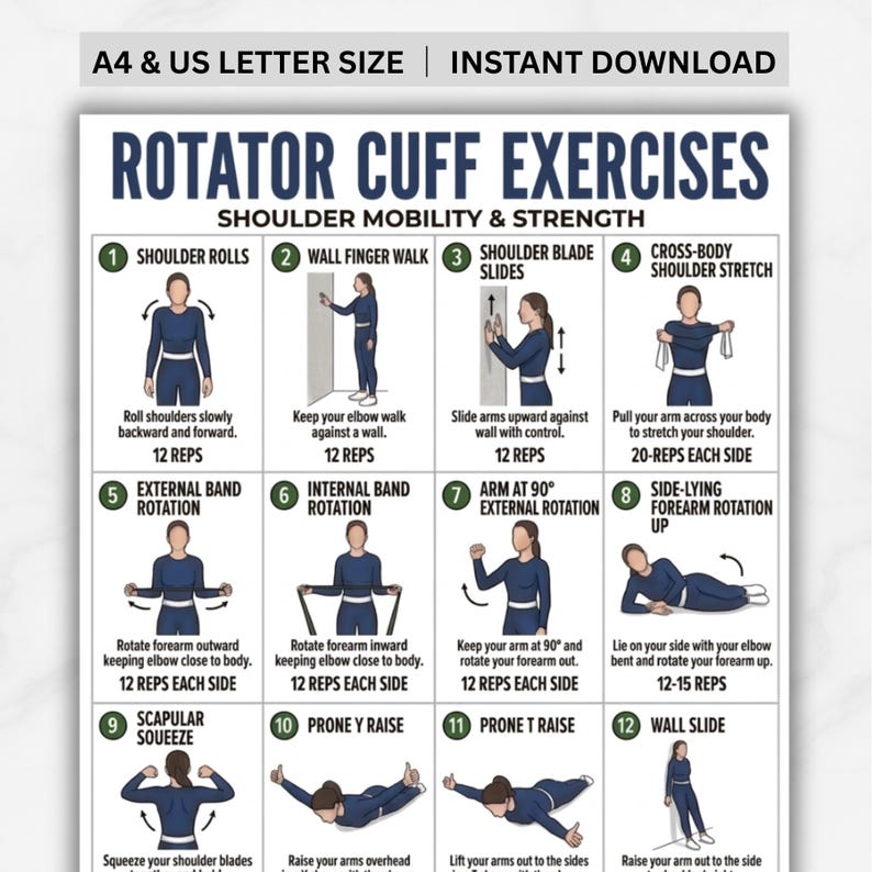 May include: A white printable guide with the title "Rotator Cuff Exercises" and illustrations demonstrating shoulder mobility and strength exercises. The guide includes instructions for shoulder rolls, wall finger walks, and other exercises. The text "A4 & US LETTER SIZE | INSTANT DOWNLOAD" is at the top.