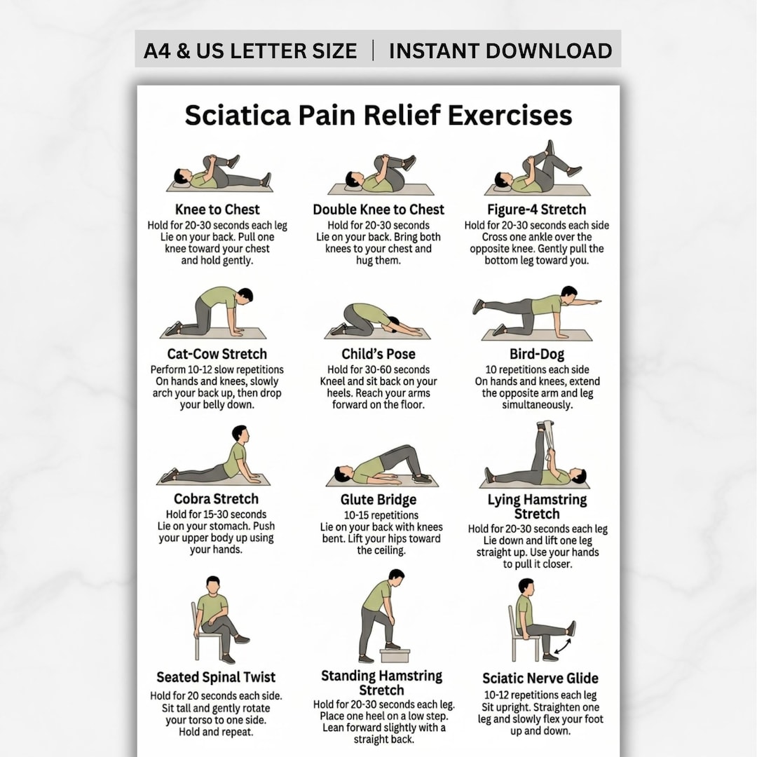 Sciatica Pain Relief Exercises Printable, Lower Back Pain Yoga ...