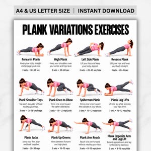 May include: A digital exercise chart titled PLANK VARIATIONS EXERCISES featuring twelve illustrations of a person in pink and gray athletic wear demonstrating various plank positions with instructional text and set recommendations.