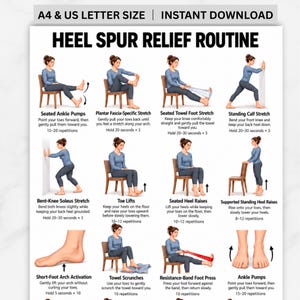 May include: A digital instructional chart titled HEEL SPUR RELIEF ROUTINE featuring twelve illustrations of a person in a blue shirt and gray pants performing various foot and ankle exercises with text instructions for each movement.