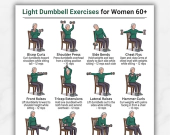 May include: A printable guide titled "Light Dumbbell Exercises for Women 60+" with illustrations of exercises. The exercises include bicep curls, shoulder press, side bends, chest flys, front raises, tricep extensions, lateral raises, and hammer curls.