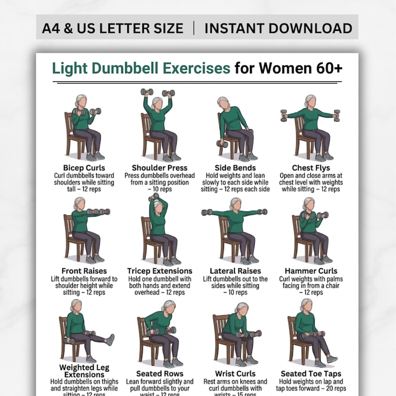 May include: A printable guide titled "Light Dumbbell Exercises for Women 60+" with illustrations of exercises. The exercises include bicep curls, shoulder press, side bends, chest flys, front raises, tricep extensions, lateral raises, and hammer curls.