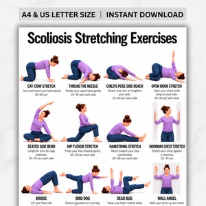 Può includere: Una tabella digitale intitolata Scoliosis Stretching Exercises che presenta dodici illustrazioni di una persona con una maglia viola a maniche lunghe e leggings blu che esegue vari esercizi di stretching con istruzioni testuali.