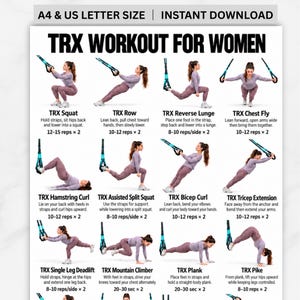 May include: A white instructional poster titled TRX WORKOUT FOR WOMEN featuring twelve illustrations of a person performing various exercises using TRX suspension straps, including squats, lunges, rows, and planks with text instructions and rep counts.