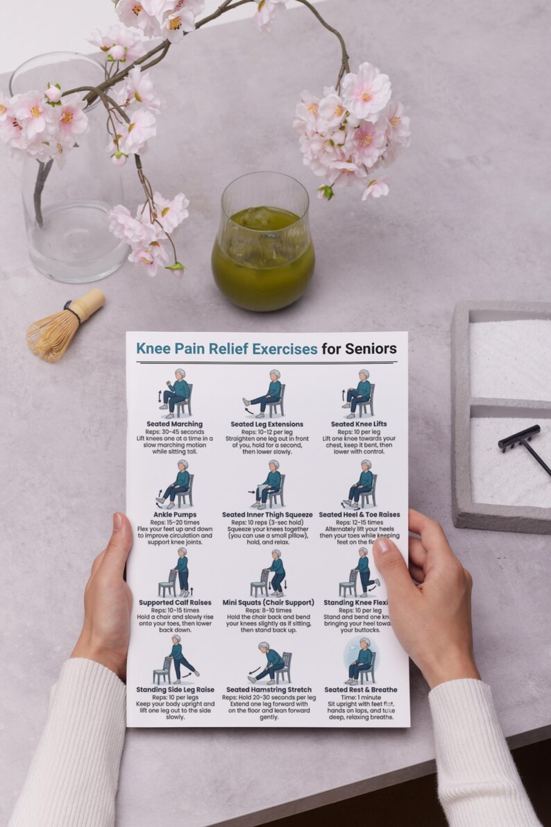 May include: A printed guide titled "Knee Pain Relief Exercises for Seniors" is held by a person. The guide features illustrations of exercises, a glass of green liquid, and a matcha whisk. Cherry blossoms are in the background.