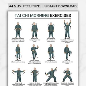 Peut inclure: Une affiche blanche avec le texte "TAI CHI MORNING EXERCISES" et des illustrations d'exercices de Tai Chi. L'affiche comprend des instructions pour des exercices tels que la respiration abdominale profonde, les cercles du cou et l'élévation vers le ciel. Le texte "A4 & US LETTER SIZE | INSTANT DOWNLOAD" est en haut.