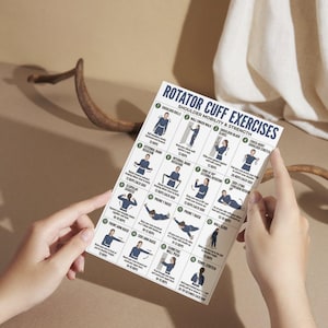 May include: A white exercise guide titled "Rotator Cuff Exercises" with illustrations demonstrating shoulder mobility and strength exercises. The guide is held by hands against a neutral background.