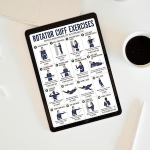 May include: A tablet displaying "Rotator Cuff Exercises" with diagrams and instructions for shoulder mobility and strength. The tablet is on a white surface with a laptop, a coffee cup, and a decorative object.