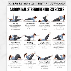 May include: A digital chart titled Abdominal Strengthening Exercises featuring twelve illustrations of a person in blue athletic wear performing core movements including dead bugs, planks, crunches, and leg raises with text instructions.