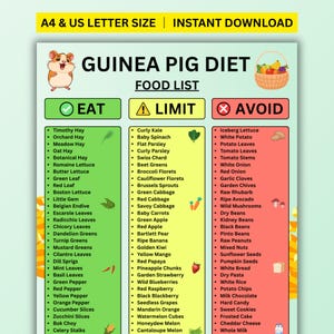 Guinea Pig Diet Food List Printable, Safe & Unsafe Guinea Pig Food Chart PDF, What Can My Guinea Pig Eat and Avoid, Cavy Feeding Guide