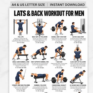 May include: A digital workout chart titled LATS & BACK WORKOUT FOR MEN, featuring twelve illustrated exercises with instructions. Includes pull-ups, rows, and pulldowns. Text indicates A4 & US LETTER SIZE and INSTANT DOWNLOAD.