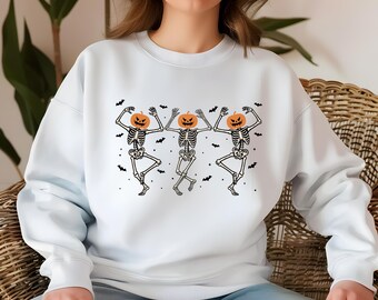 Dancing Skeleton Pumpkin Sweatshirt, Spooky Season Hoodie, Halloween Crewneck
