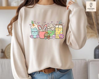Easter Coffee Cup Sweatshirt, Funny Easter Bunny Coquette Bow Hoodie