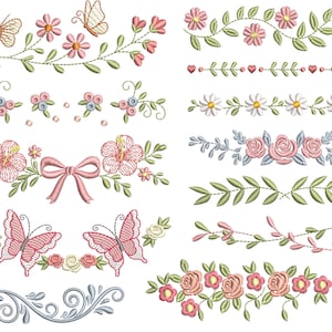 Puede incluir: Una colección de diseños bordados de flores y mariposas en rosa, verde y azul. Los diseños incluyen flores, mariposas y bordes decorativos, ideales para proyectos de bordado o adornos de tela.