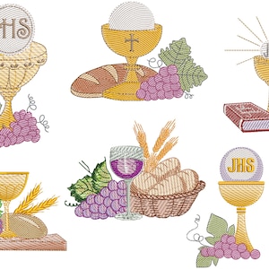 May include: Embroidered religious designs featuring chalices, bread, grapes, and wheat. The designs include the letters "IHS" and are in shades of gold, purple, and green. The designs are likely for embroidery projects.