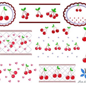 Pode incluir: Um design de bordado digital que apresenta vários padrões de cerejas. Os designs incluem uma única cereja, um par de cerejas e uma fileira de cerejas. Os designs são perfeitos para adicionar um toque de doçura a qualquer projeto.