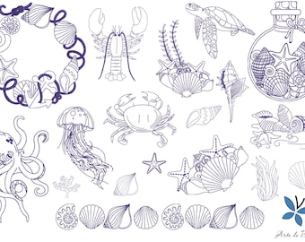 May include: A collection of hand-drawn sea life illustrations in a blue color. The illustrations include a lobster, a crab, a jellyfish, an octopus, a turtle, a starfish, seashells, and seaweed.