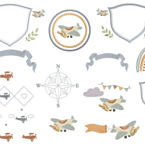 May include: A set of 14 embroidery designs featuring a variety of airplane and travel-themed elements, including a compass, banners, shields, and a rainbow. The designs are in a light blue, brown, and beige color scheme.