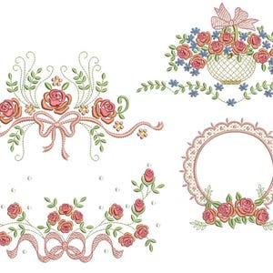Pode incluir: Desenhos florais bordados com rosas cor-de-rosa, folhas verdes e laços delicados. A imagem inclui um cesto de rosas, uma moldura circular e bordas decorativas, tudo em uma paleta de cores pastel. Adequado para projetos de bordado.