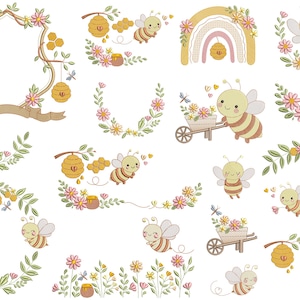 Puede incluir: Una colección de ilustraciones con temática de abejas. Los diseños incluyen abejas, panales, flores y un arcoíris. La paleta de colores es suave, con amarillo, rosa y verde. Adecuado para diversos proyectos de manualidades.