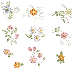 Könnte beinhalten: Eine Sammlung gestickter Blumendesigns in verschiedenen Farben, darunter Blau, Orange, Rosa und Weiß. Die Designs zeigen Gänseblümchen, Tulpen und andere Blumen mit grünen Blättern und Stielen. Das Bild enthält ein blaues Schmetterlingslogo und den Text "Arte de Bordar."