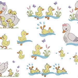 May include: A set of embroidery designs featuring ducks and swans. The designs include a mother duck with ducklings, a swan with a cygnet, and several individual ducks and swans. The designs are in a variety of poses, including swimming, walking, and sitting. The designs are perfect for adding a touch of whimsy to any project.