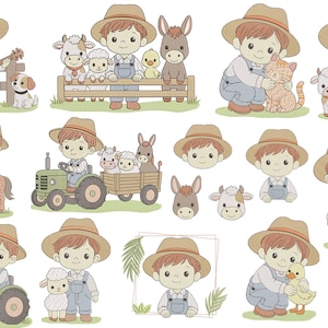 Pode incluir: Uma coleção de ilustrações de desenhos animados com um agricultor com vários animais e ferramentas agrícolas. O agricultor é retratado em macacão e chapéu de palha, interagindo com uma guitarra, um trator e animais.