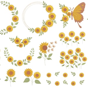 Pode incluir: Um conjunto de desenhos de bordado com girassóis em vários arranjos, incluindo coroas, buquês e flores individuais. Há também uma borboleta e um pequeno desenho de borboleta azul.