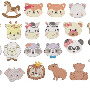 Pode incluir: Uma coleção de desenhos de animais bordados, incluindo um pintinho, um cavalo de baloiço, uma raposa, um urso, uma girafa, uma zebra, uma ovelha, um guaxinim, um panda, um elefante, um leão, um capivara, um urso de pelúcia e um coelho.