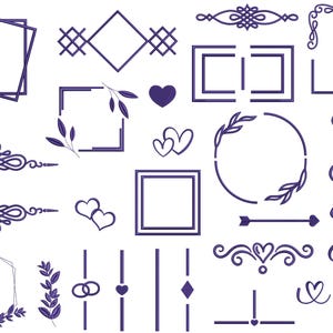 Peut inclure: Une collection d'éléments de design numérique violet foncé comprenant divers cadres géométriques, bordures florales, formes de cœur, esperluettes, alliances et une flèche. Le coin inférieur droit présente un papillon bleu et le texte Arte de Bordar.