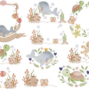 May include: Embroidered designs featuring various sea creatures, including whales, turtles, and an octopus, with coral and seaweed accents. The designs are perfect for creating unique and whimsical embroidery projects.