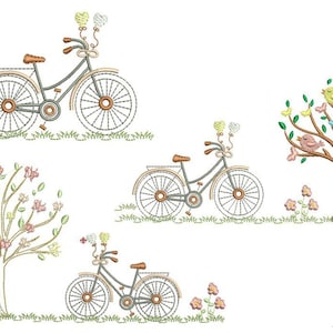 Könnte beinhalten: Stickmuster mit drei Fahrrädern mit Herzen, Blumen und Vögeln. Das Design ist perfekt für Stickprojekte und Wohnaccessoires.